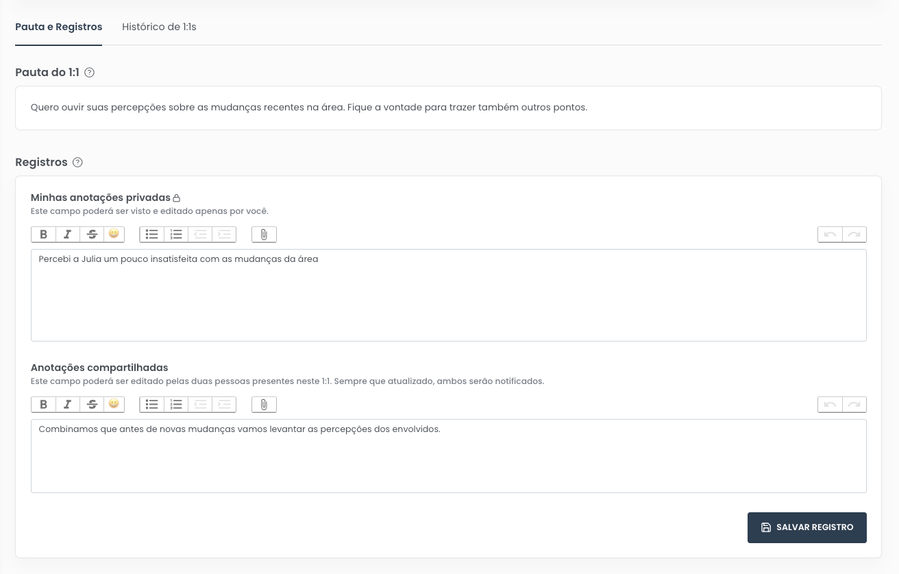 Tela de pautas e registros de 1:1 da WeCare.