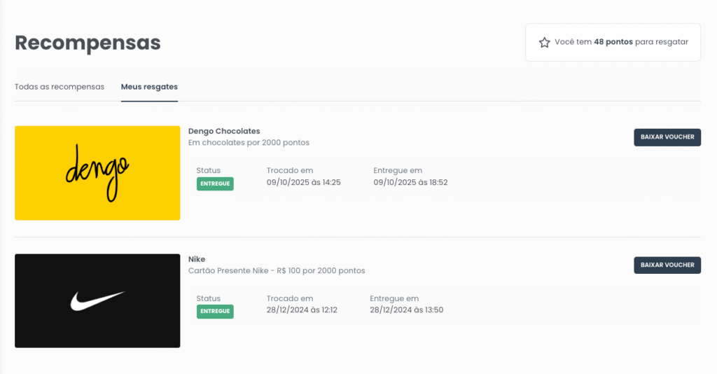 Telas de resgate de vouchers de recompensas flexíveis da Wecare