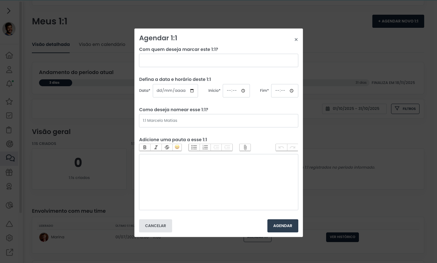 Janela de solicitação de uma conversa de 1:1 (one-on-one).